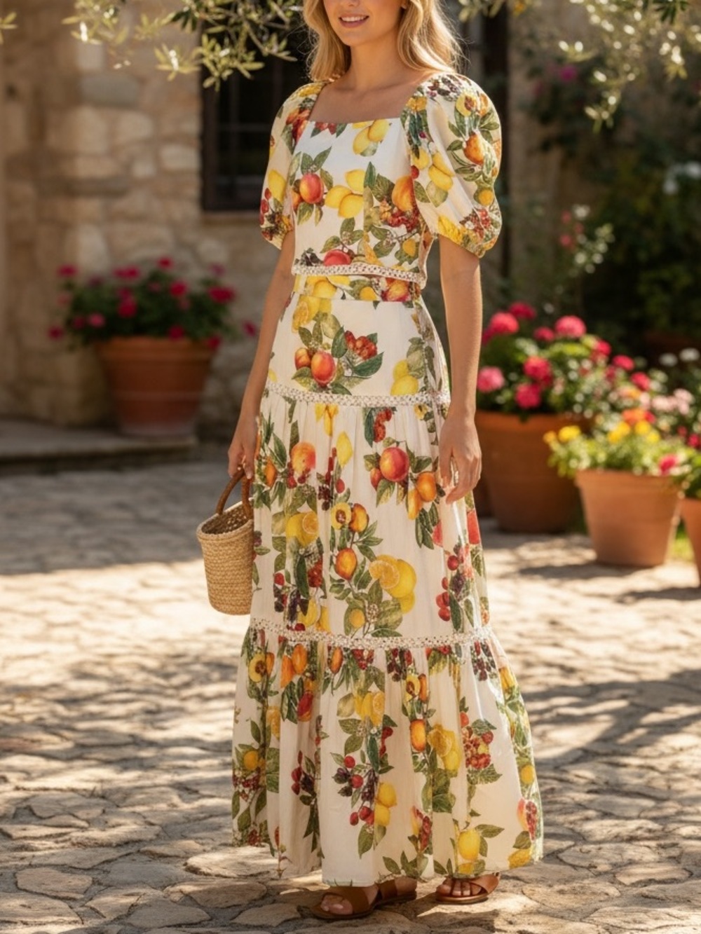 ANTONIO MELANI Set Yellow White Red Fruit Print Floral cotton Skirt & Top
